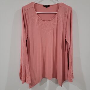 Adrianna Papell Womens Top Size Large Bell Sleeve Pink Embroidered Floral Fairy‎